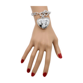 New Women Silver Metal Chain Links Fashion Bracelet Fleur De Lis Love Heart Charm